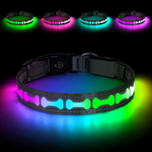 LED Dog Collar Light up USB Rechargeable, 7-Color Glow, Grey, L