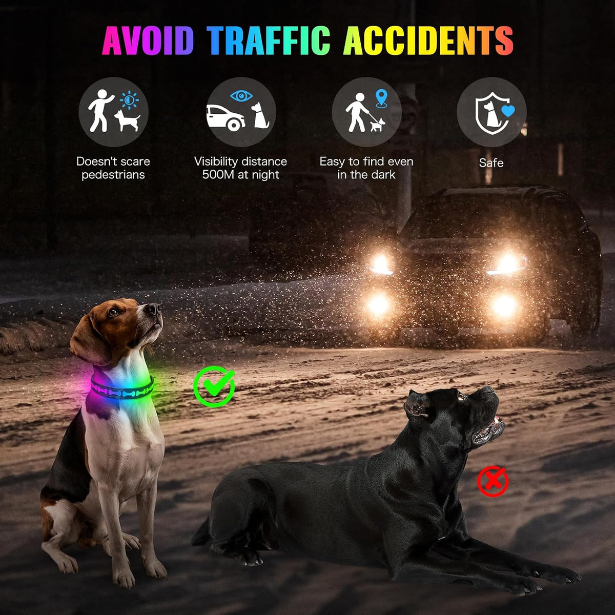 LED Dog Collar Light up USB Rechargeable, 7-Color Glow, Grey, L