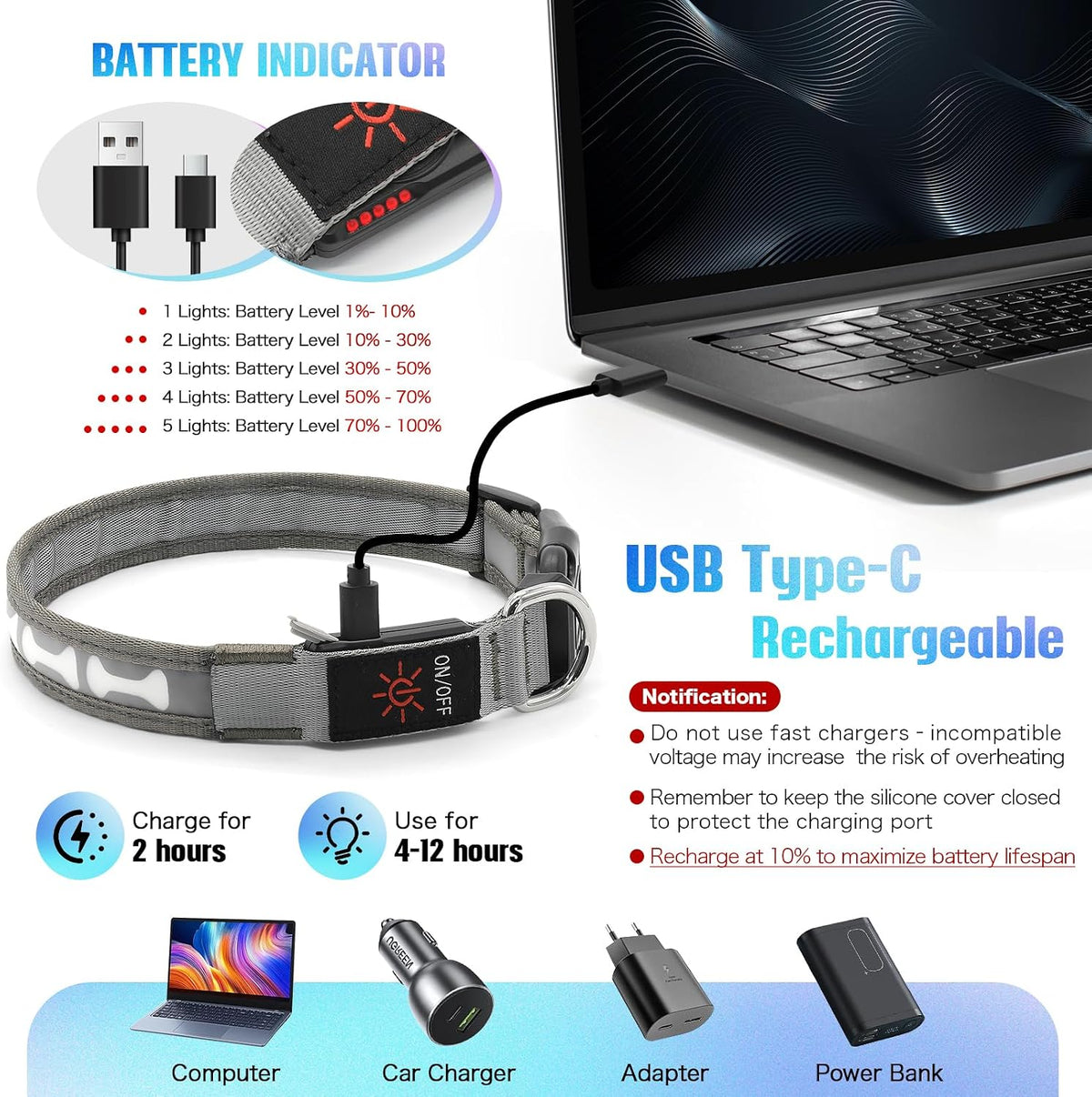LED Dog Collar Light up USB Rechargeable, 7-Color Glow, Grey, L
