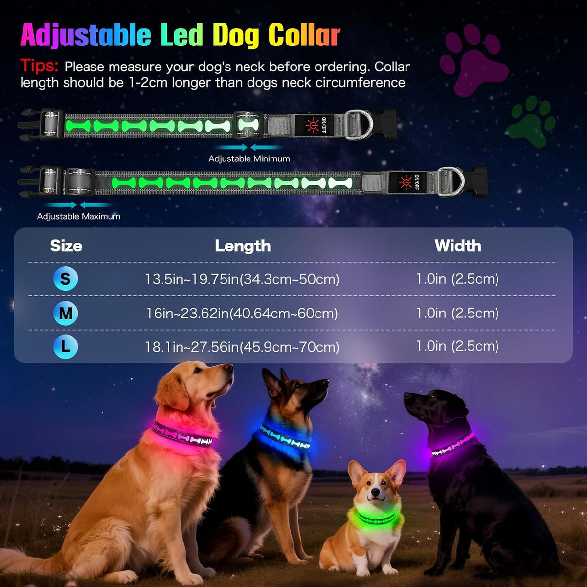LED Dog Collar Light up USB Rechargeable, 7-Color Glow, Grey, L