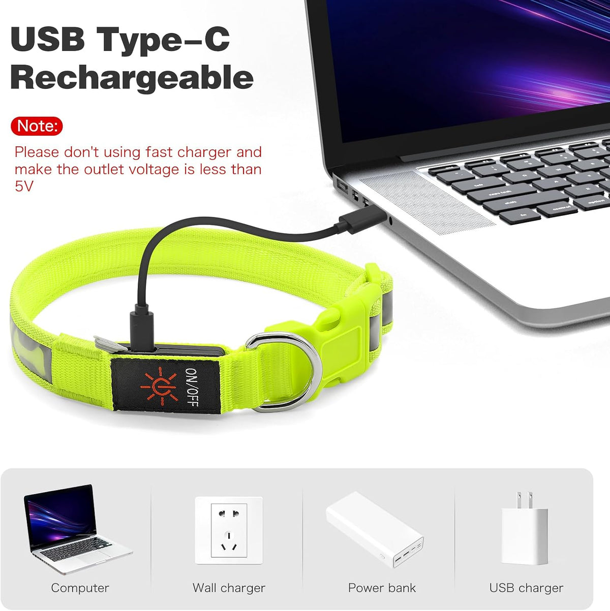 LED Dog Collar Light up USB Rechargeable, 7-Color Glow, Grey, L