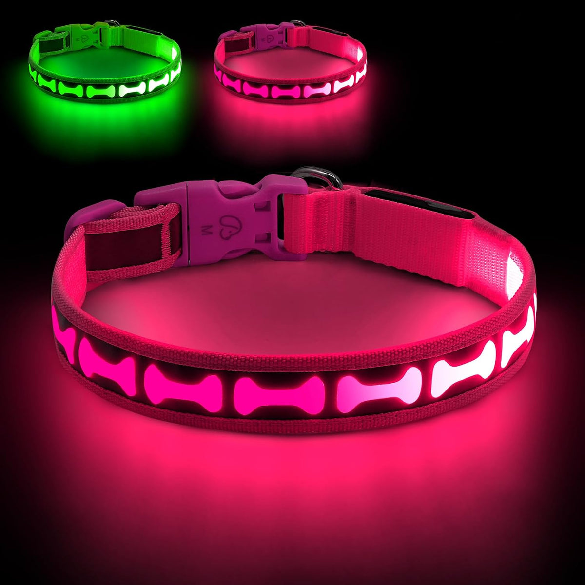 LED Dog Collar Light up USB Rechargeable, 7-Color Glow, Grey, L