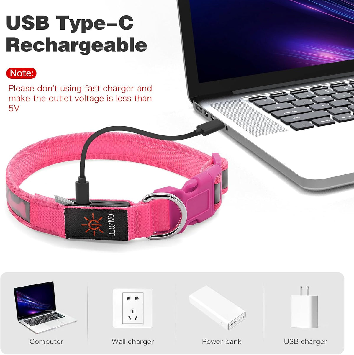 LED Dog Collar Light up USB Rechargeable, 7-Color Glow, Grey, L