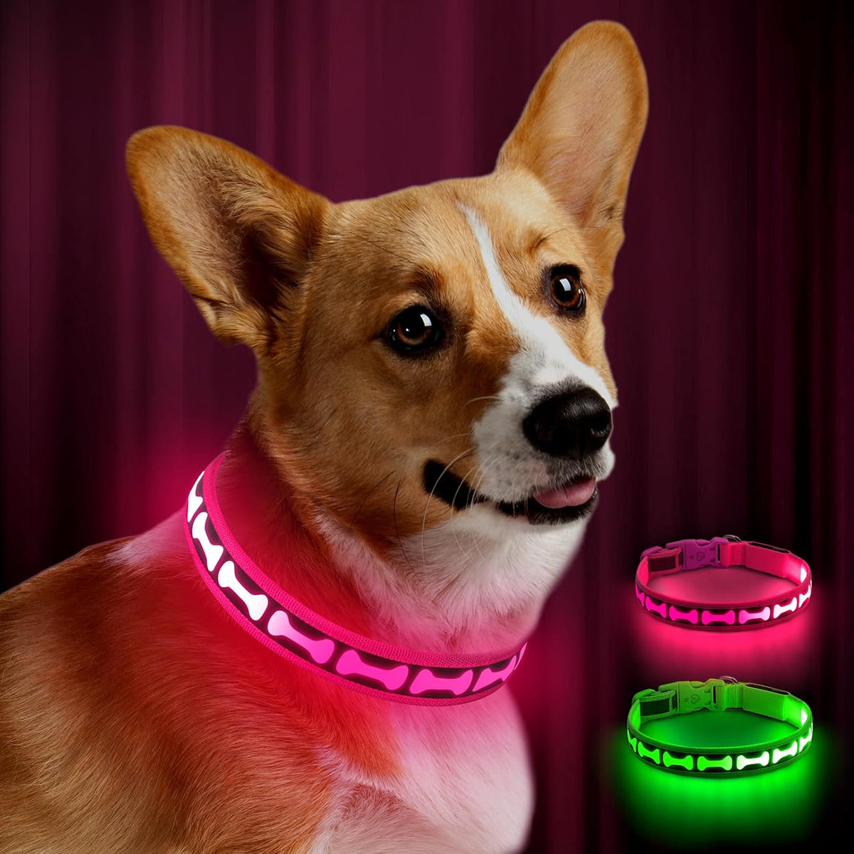 LED Dog Collar Light up USB Rechargeable, 7-Color Glow, Grey, L