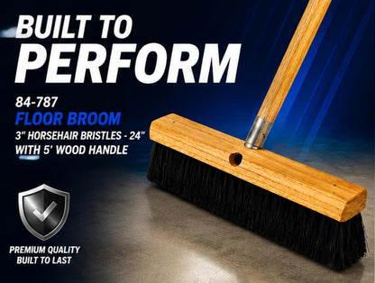 84-787 Floor Broom - 3" Horsehair Bristles - 24" - 60" Wd Hdl , Brown