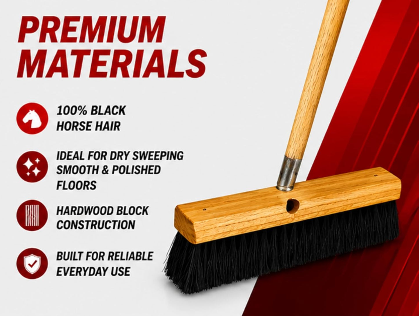84-787 Floor Broom - 3" Horsehair Bristles - 24" - 60" Wd Hdl , Brown