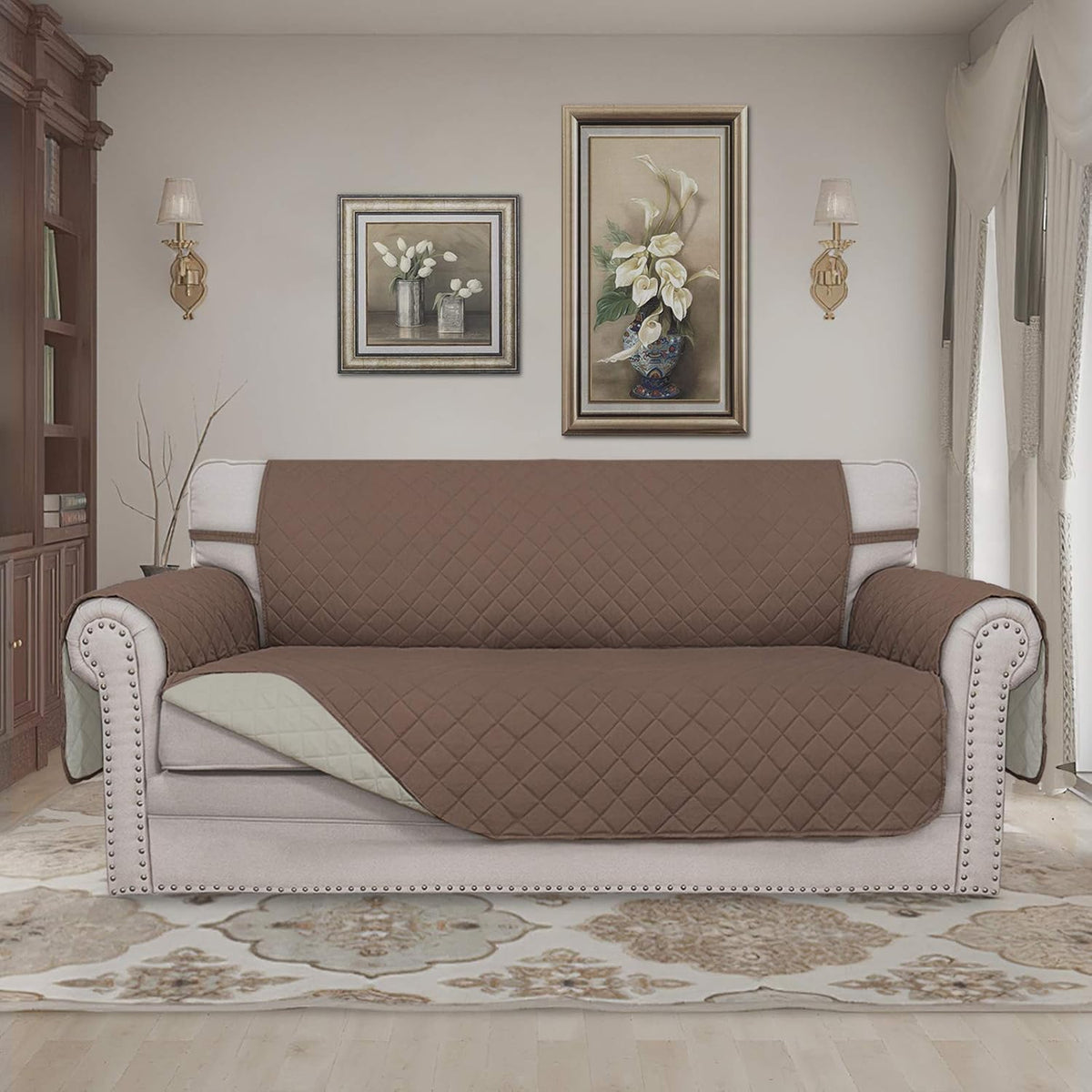 Reversible Couch Cover, 3 Cushion Sofa, Large, Chocolate/Beige | Machine Washable Slipcover For Dogs, Water Resistant Furniture Mat For Living Room, Non-Slip Sofa Cover, Pet Friendly - Colors A