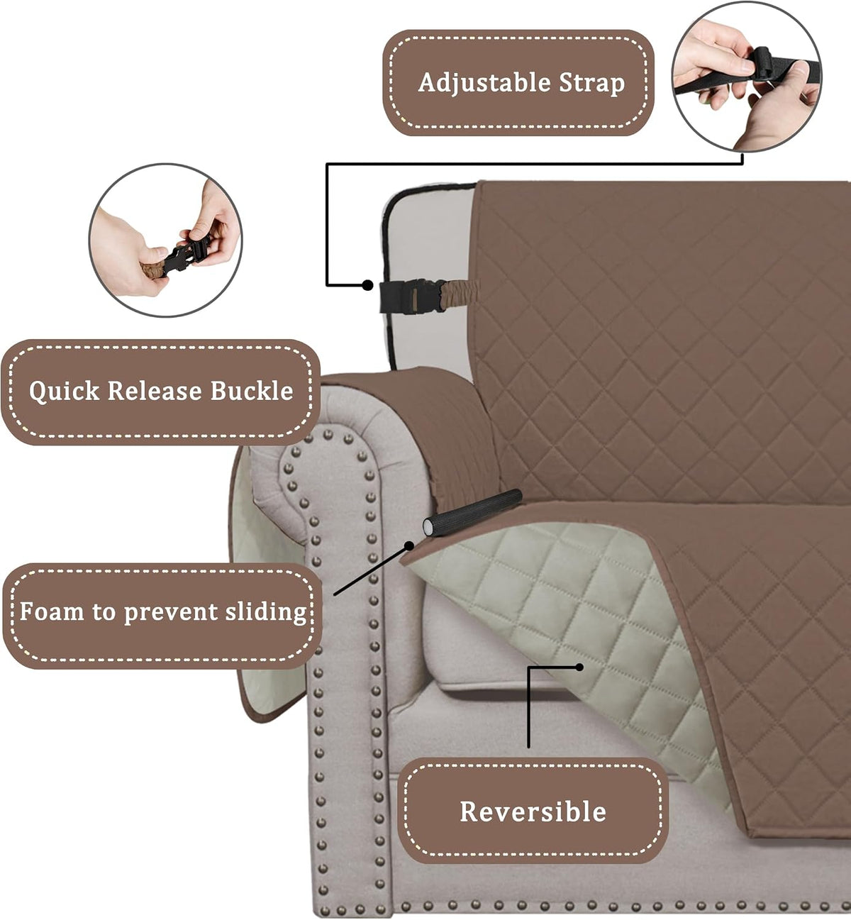Reversible Couch Cover, 3 Cushion Sofa, Large, Chocolate/Beige | Machine Washable Slipcover For Dogs, Water Resistant Furniture Mat For Living Room, Non-Slip Sofa Cover, Pet Friendly - Colors A
