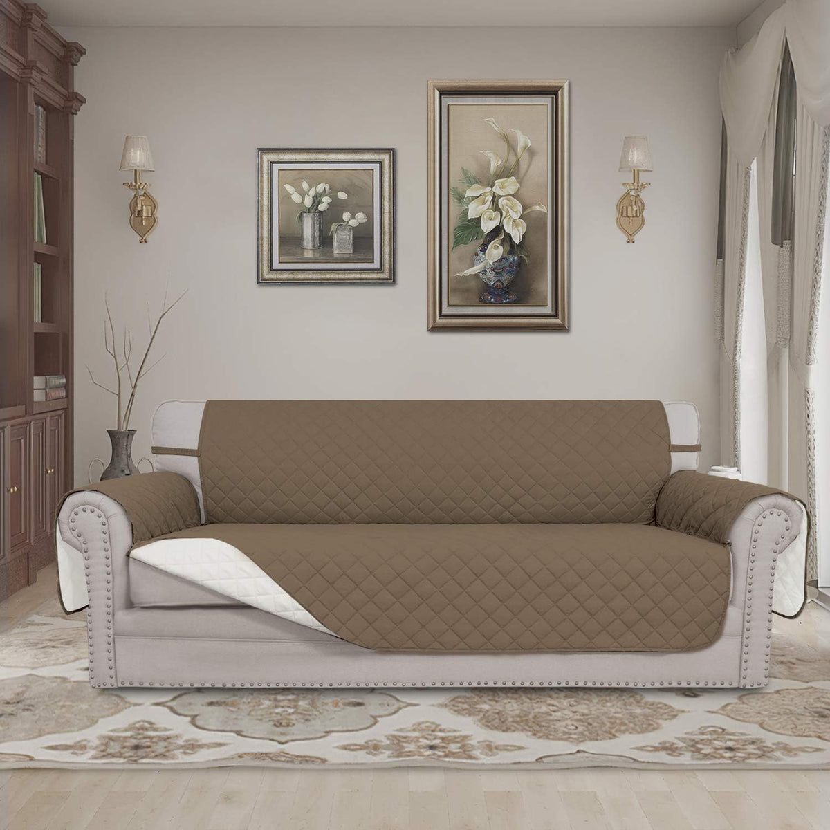 Reversible Couch Cover, 3 Cushion Sofa, Large, Chocolate/Beige | Machine Washable Slipcover For Dogs, Water Resistant Furniture Mat For Living Room, Non-Slip Sofa Cover, Pet Friendly - Colors A