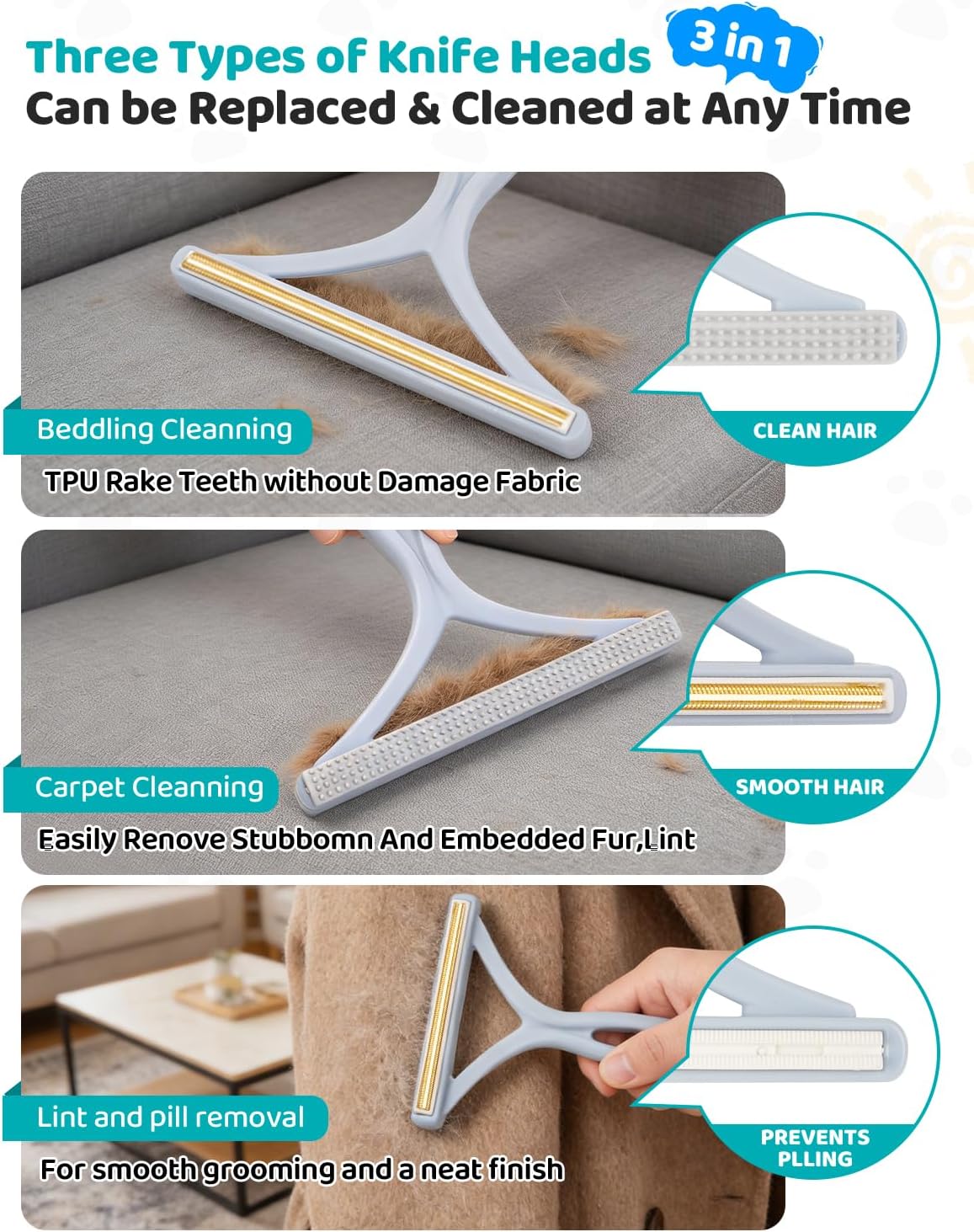 Pet Hair Remover for Carpet, 54 Inch Adjustable Long Handle Carpet Rake for Pet Hair Removal, 3 Piece Dog Hair Carpet Rake and Carpet Scraper Tool for Rugs, Couch, Stairs, Furniture