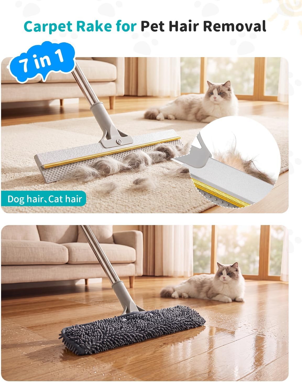 Pet Hair Remover for Carpet, 54 Inch Adjustable Long Handle Carpet Rake for Pet Hair Removal, 3 Piece Dog Hair Carpet Rake and Carpet Scraper Tool for Rugs, Couch, Stairs, Furniture