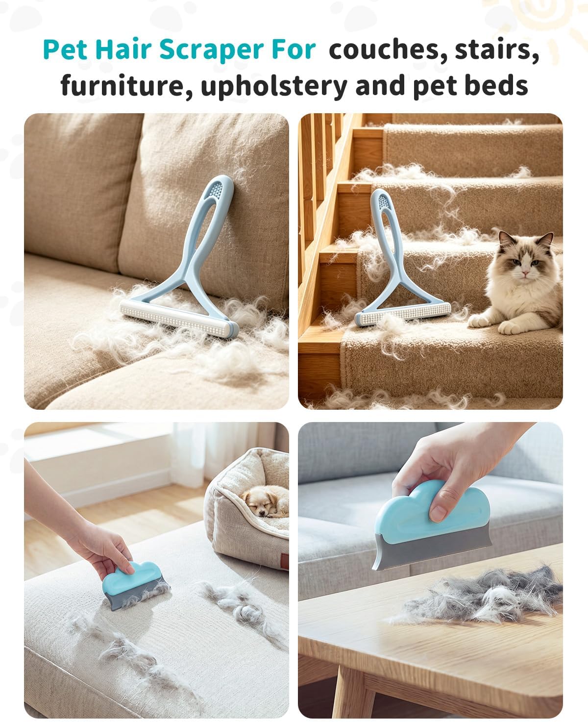 Pet Hair Remover for Carpet, 54 Inch Adjustable Long Handle Carpet Rake for Pet Hair Removal, 3 Piece Dog Hair Carpet Rake and Carpet Scraper Tool for Rugs, Couch, Stairs, Furniture
