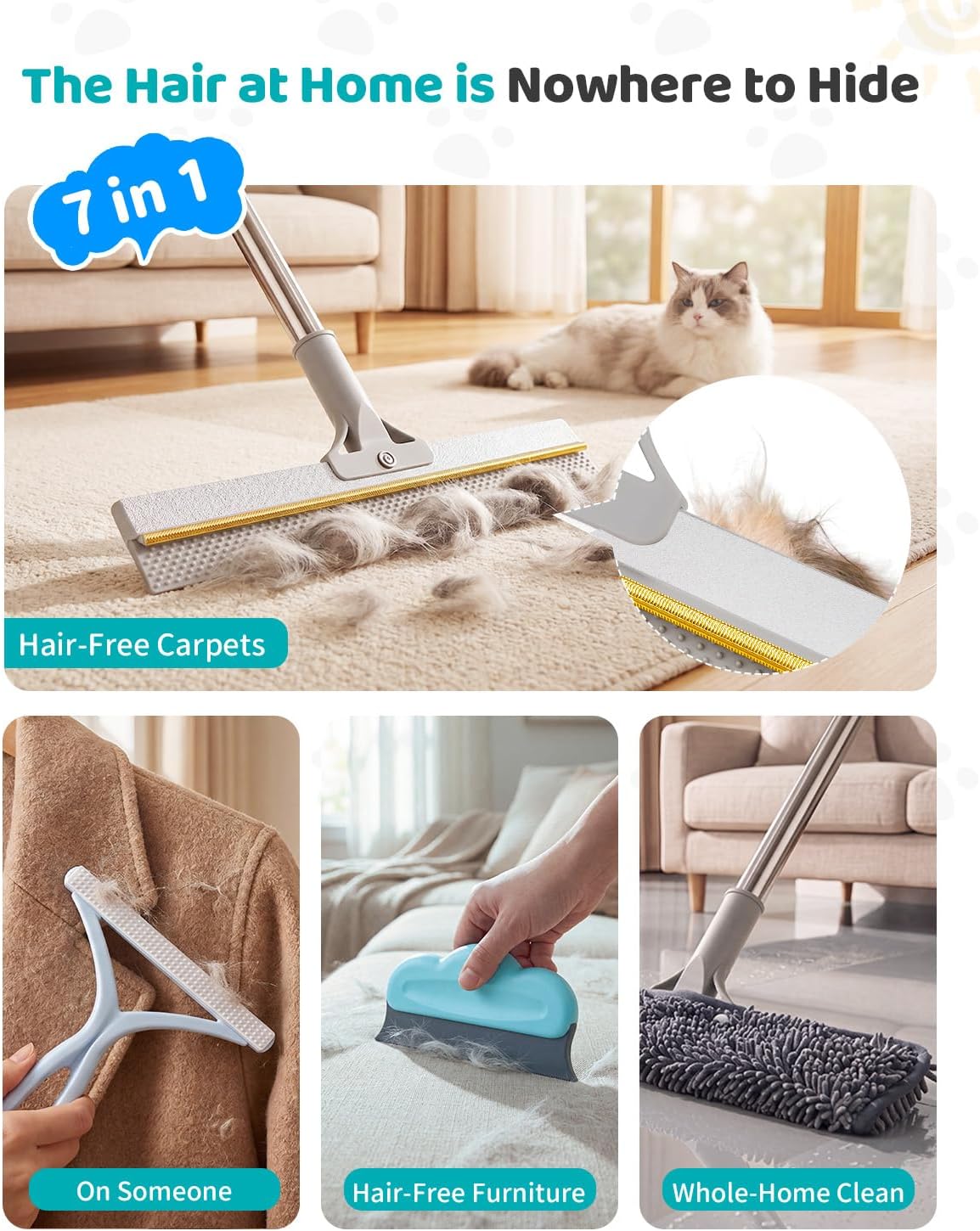 Pet Hair Remover for Carpet, 54 Inch Adjustable Long Handle Carpet Rake for Pet Hair Removal, 3 Piece Dog Hair Carpet Rake and Carpet Scraper Tool for Rugs, Couch, Stairs, Furniture