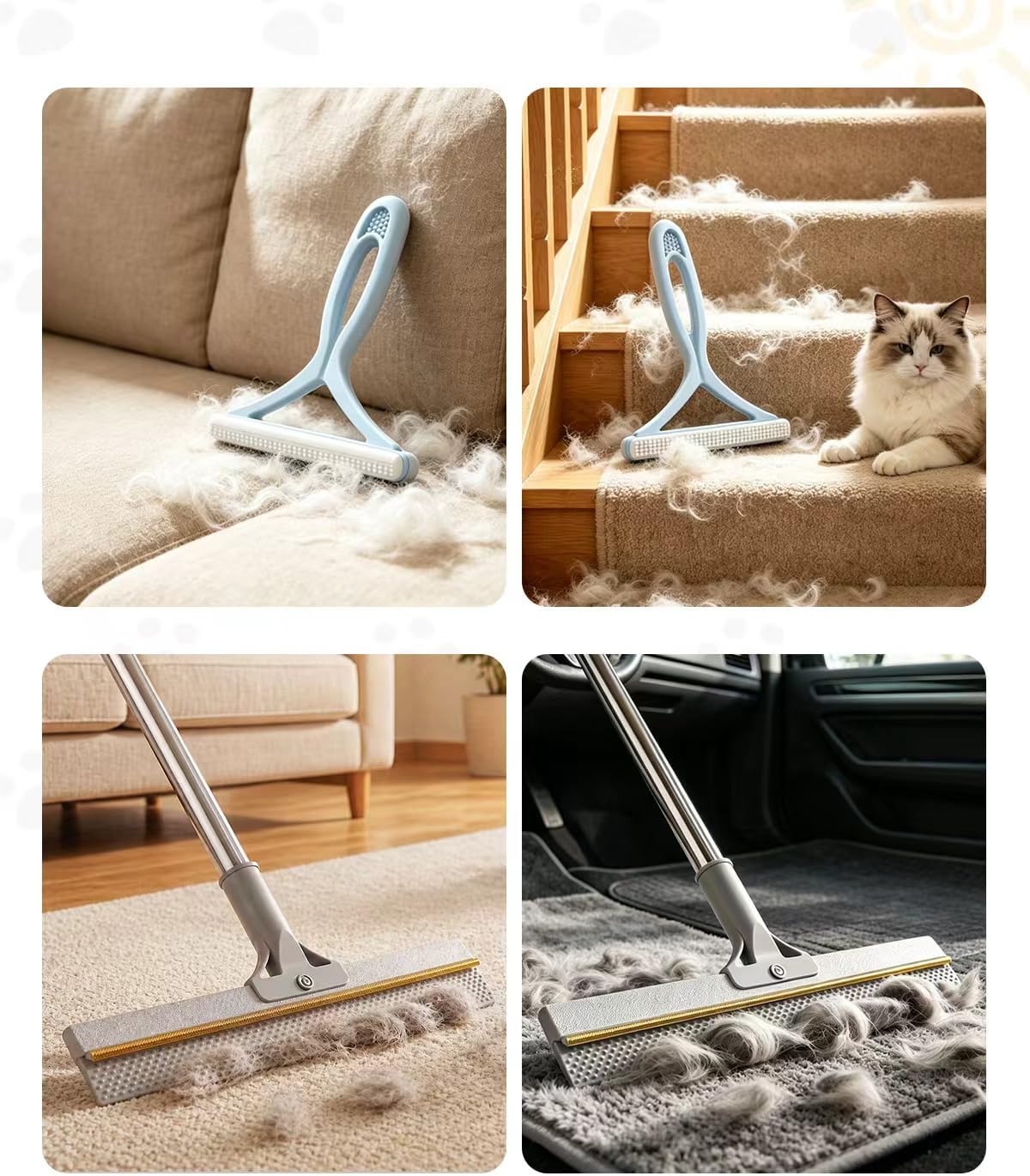 Pet Hair Remover for Carpet, 54 Inch Adjustable Long Handle Carpet Rake for Pet Hair Removal, 3 Piece Dog Hair Carpet Rake and Carpet Scraper Tool for Rugs, Couch, Stairs, Furniture