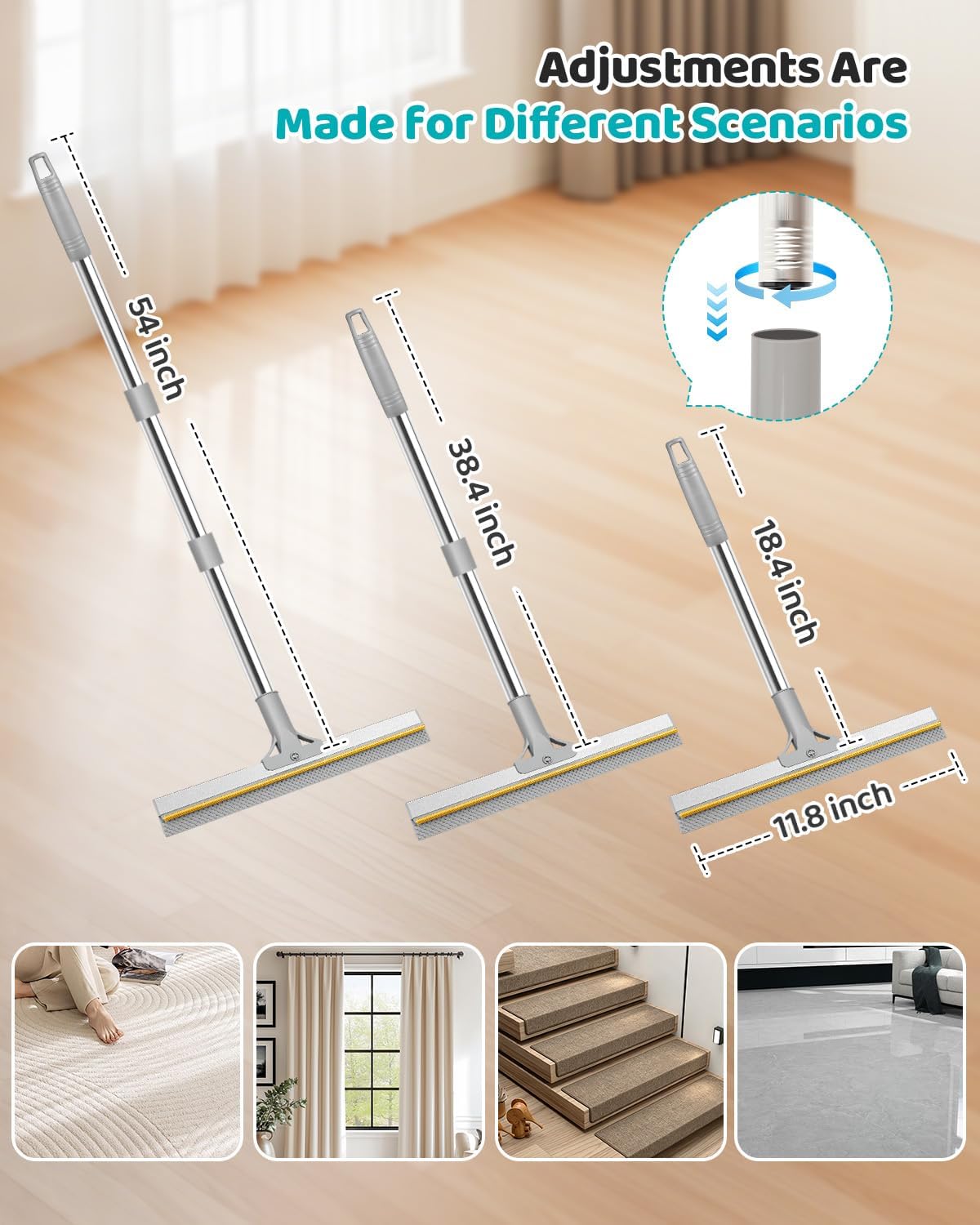 Pet Hair Remover for Carpet, 54 Inch Adjustable Long Handle Carpet Rake for Pet Hair Removal, 3 Piece Dog Hair Carpet Rake and Carpet Scraper Tool for Rugs, Couch, Stairs, Furniture