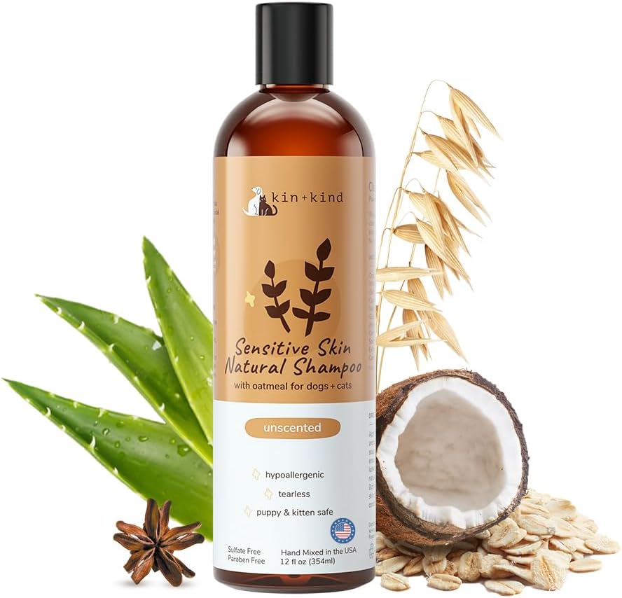 Sensitive Skin Natural Dog and Cat Shampoo - Gentle Oatmeal Clean - Fragrance Free - 12 fl oz