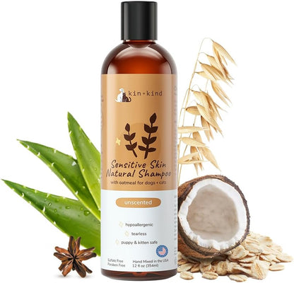 Sensitive Skin Natural Dog and Cat Shampoo - Gentle Oatmeal Clean - Fragrance Free - 12 fl oz