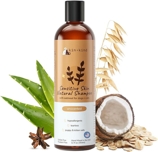 Sensitive Skin Natural Dog and Cat Shampoo - Gentle Oatmeal Clean - Fragrance Free - 12 fl oz