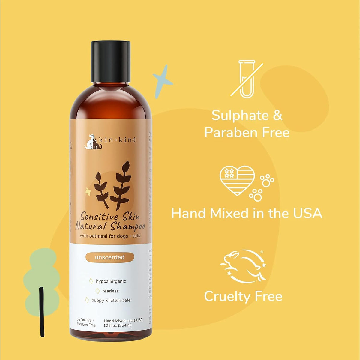 Sensitive Skin Natural Dog and Cat Shampoo - Gentle Oatmeal Clean - Fragrance Free - 12 fl oz