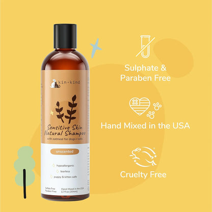 Sensitive Skin Natural Dog and Cat Shampoo - Gentle Oatmeal Clean - Fragrance Free - 12 fl oz
