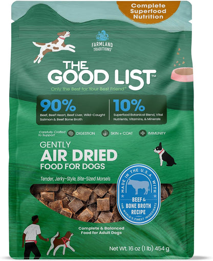 The Good List Air-Dried Dog Food, Premium Beef & Bone Broth for Dogs, Protein Rich & Grain-Free Nutrition, 1 Pound Bag