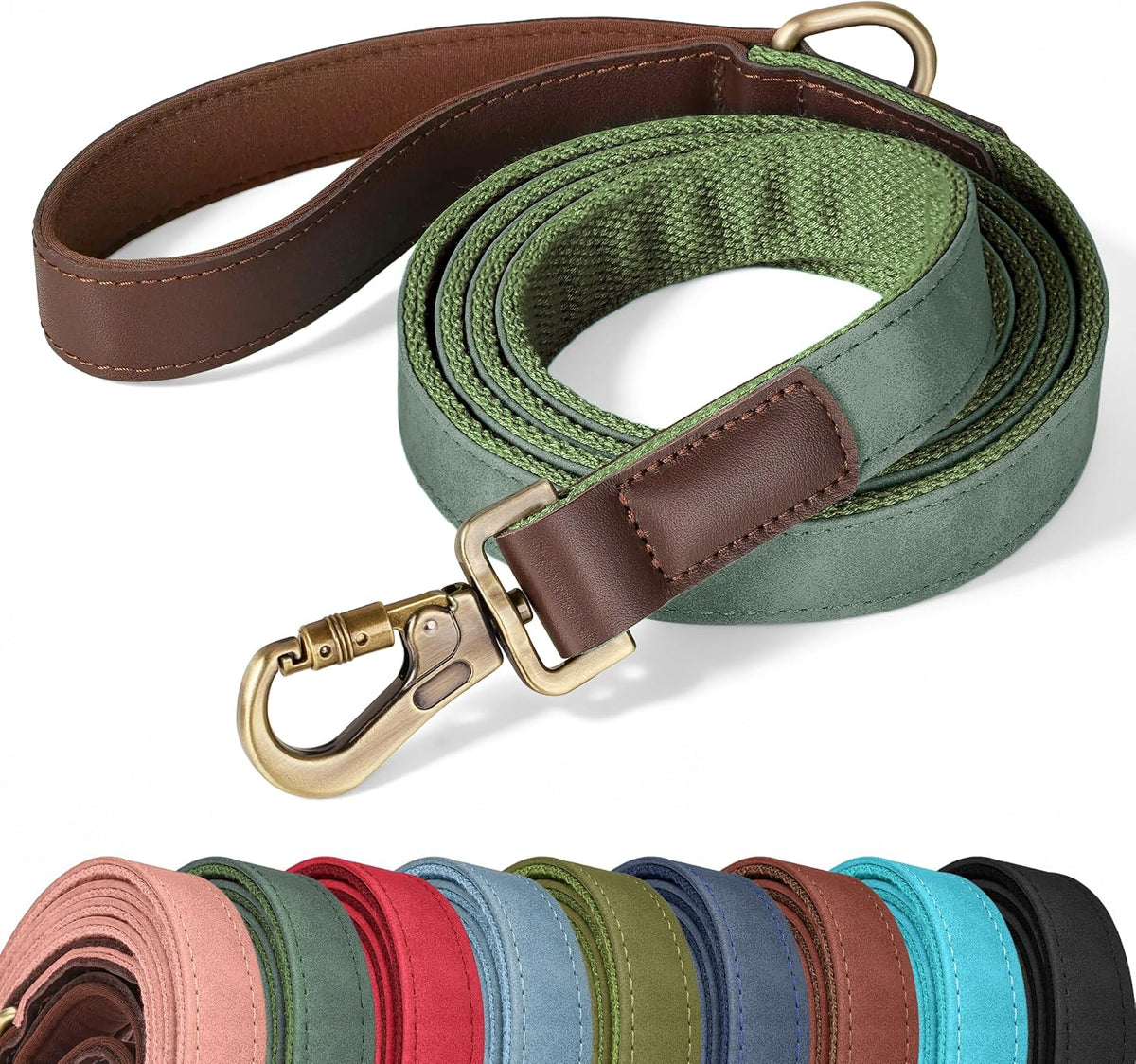 PU Leather Dog Leash for Medium Dogs, 5ft Soft Padded Handle, Green