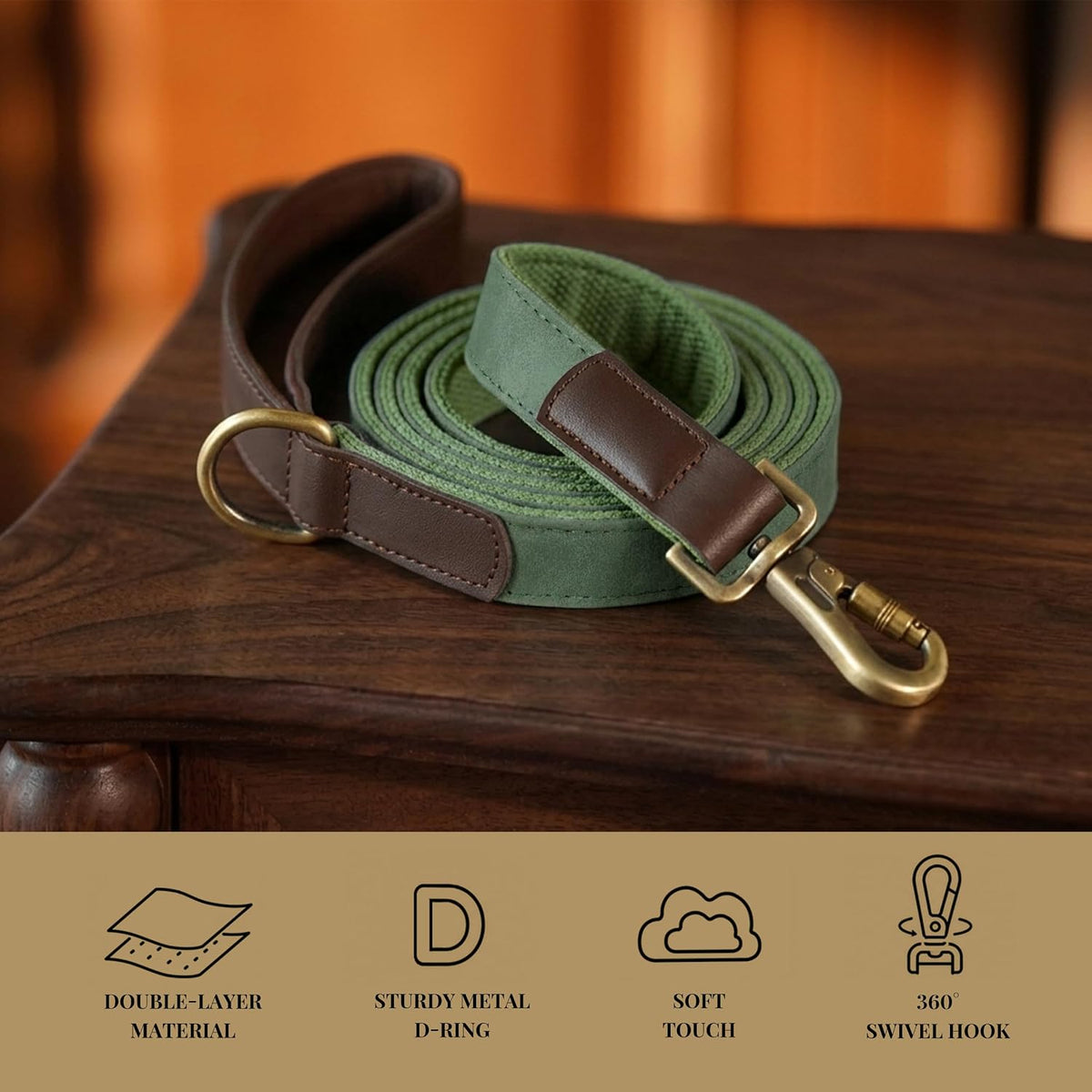 PU Leather Dog Leash for Medium Dogs, 5ft Soft Padded Handle, Green