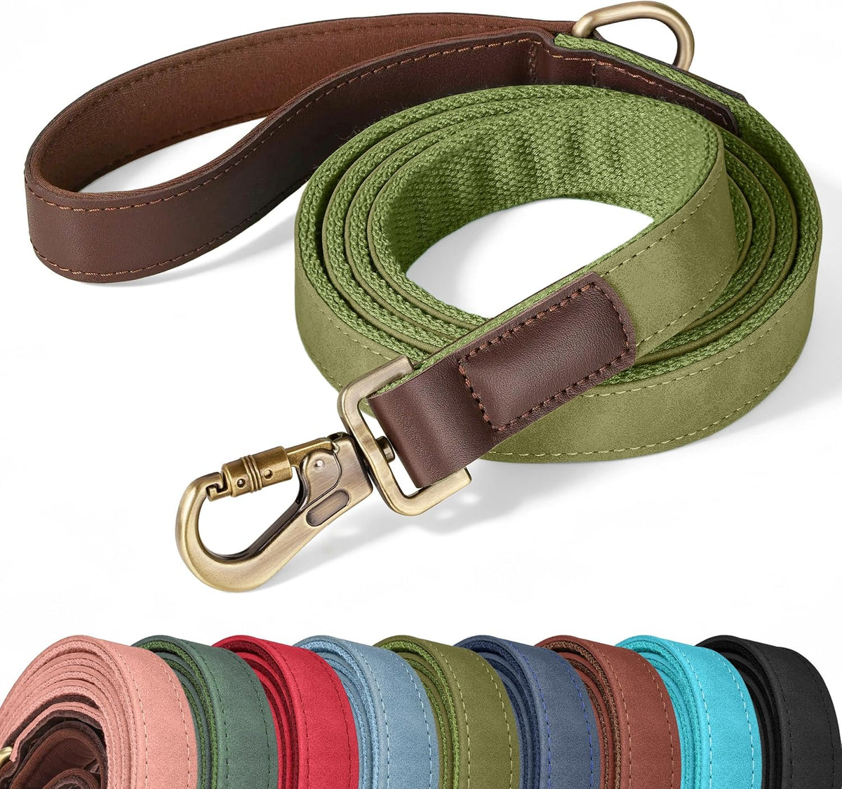 PU Leather Dog Leash for Medium Dogs, 5ft Soft Padded Handle, Green