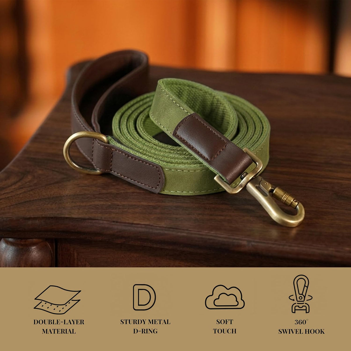 PU Leather Dog Leash for Medium Dogs, 5ft Soft Padded Handle, Green