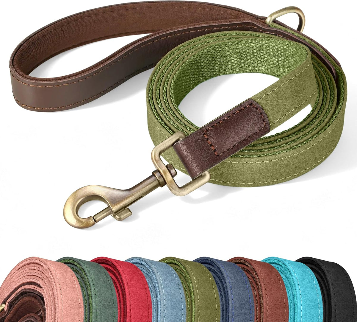 PU Leather Dog Leash for Medium Dogs, 5ft Soft Padded Handle, Green