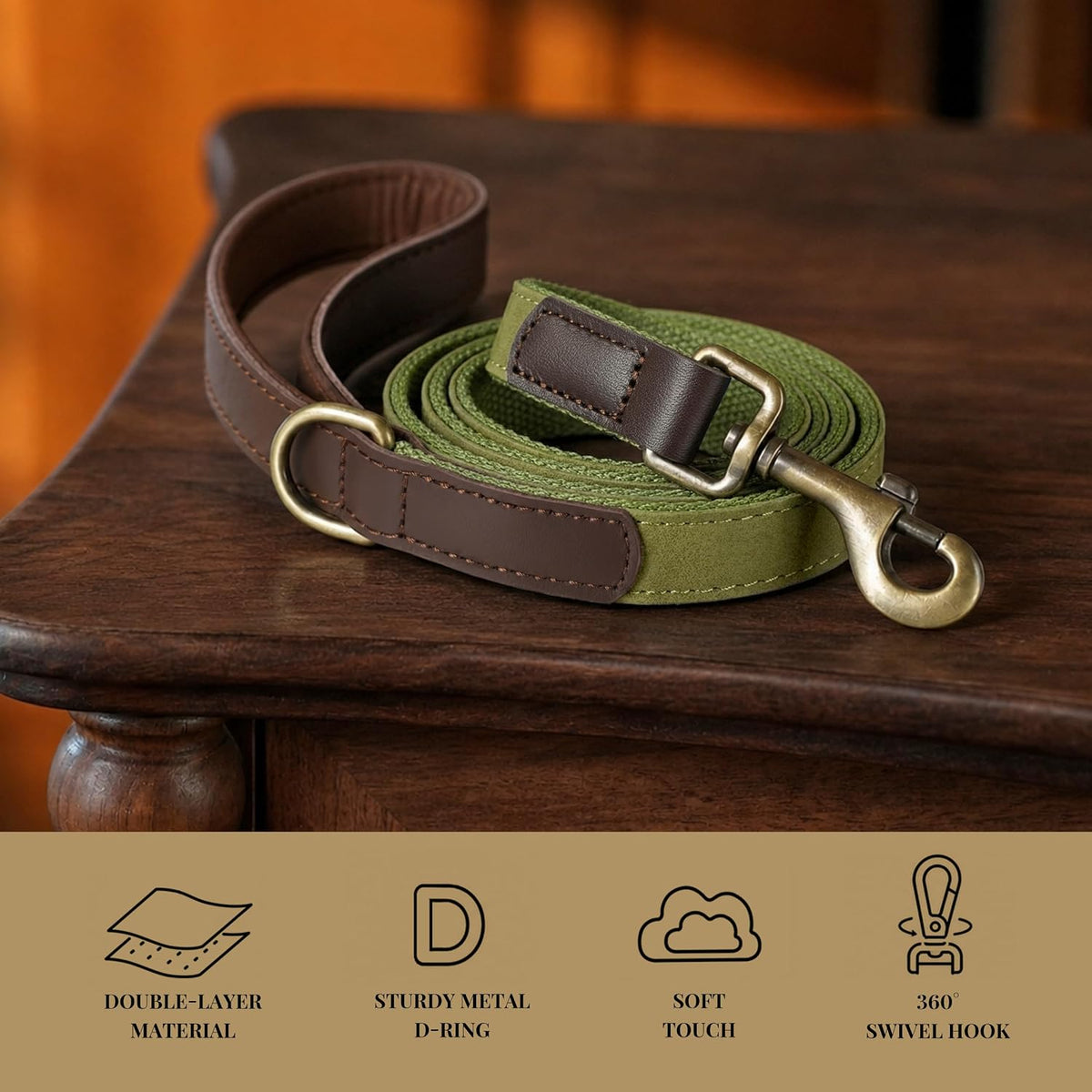 PU Leather Dog Leash for Medium Dogs, 5ft Soft Padded Handle, Green