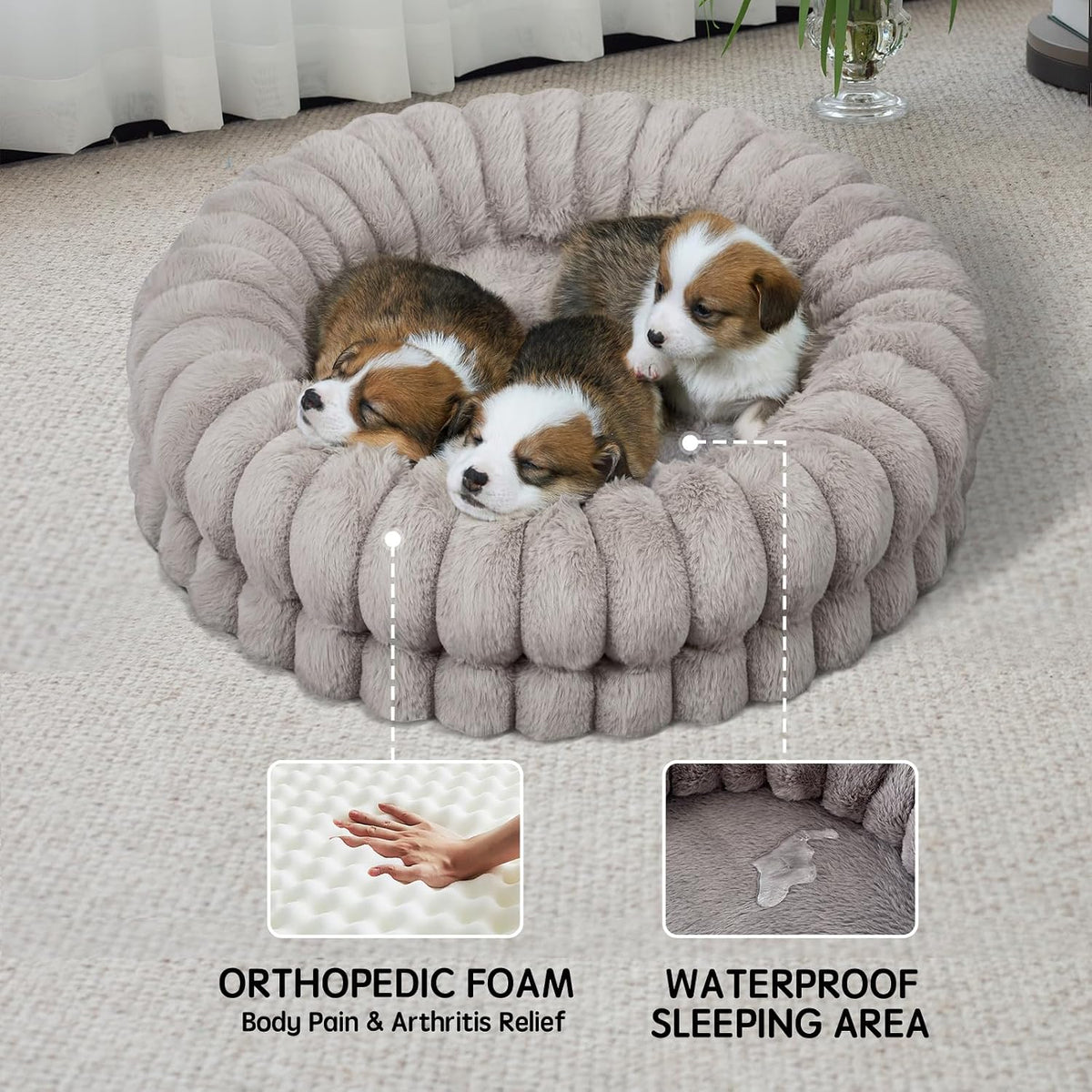 BALANCE Luxury Donut Dog Bed, 30 Inches Round Dog Bed Medium Size Dogs Washable, Orthopedic Calming Dogs Bed for Pets with Anti-Slip Bottom, Oatmeal