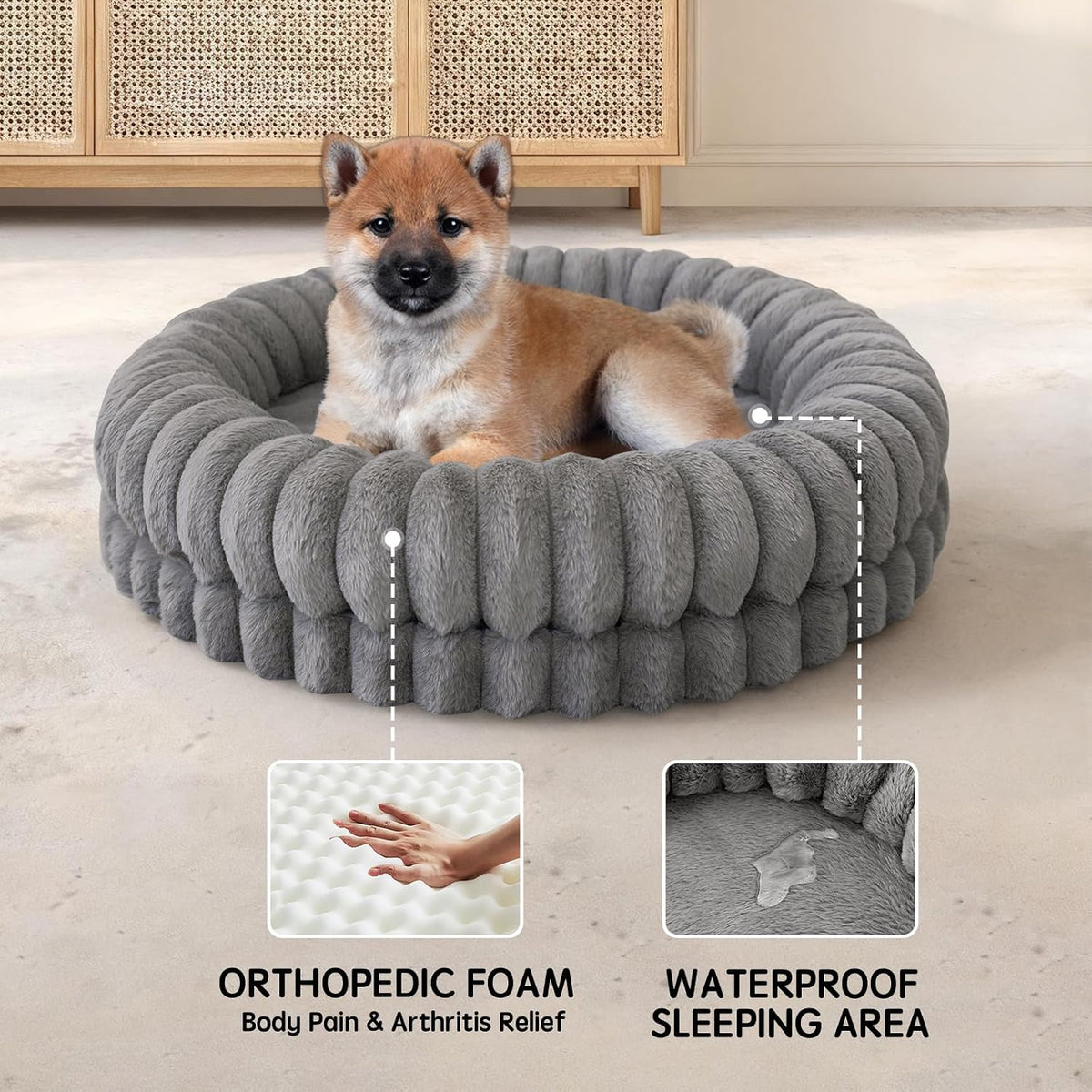 BALANCE Luxury Donut Dog Bed, 30 Inches Round Dog Bed Medium Size Dogs Washable, Orthopedic Calming Dogs Bed for Pets with Anti-Slip Bottom, Oatmeal