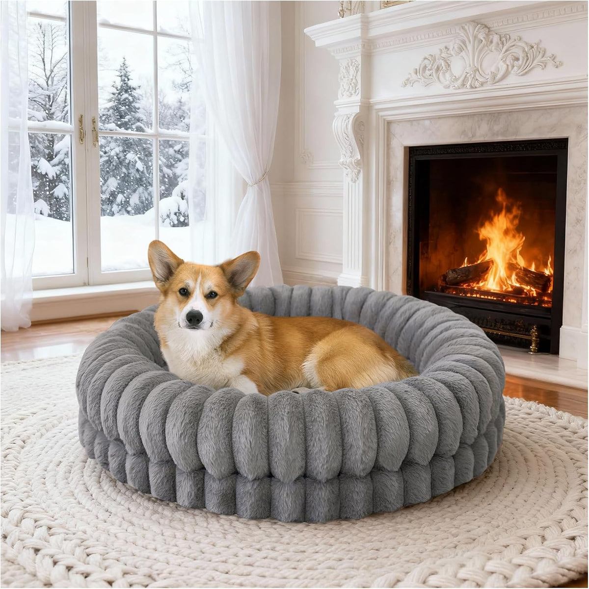 BALANCE Luxury Donut Dog Bed, 30 Inches Round Dog Bed Medium Size Dogs Washable, Orthopedic Calming Dogs Bed for Pets with Anti-Slip Bottom, Oatmeal