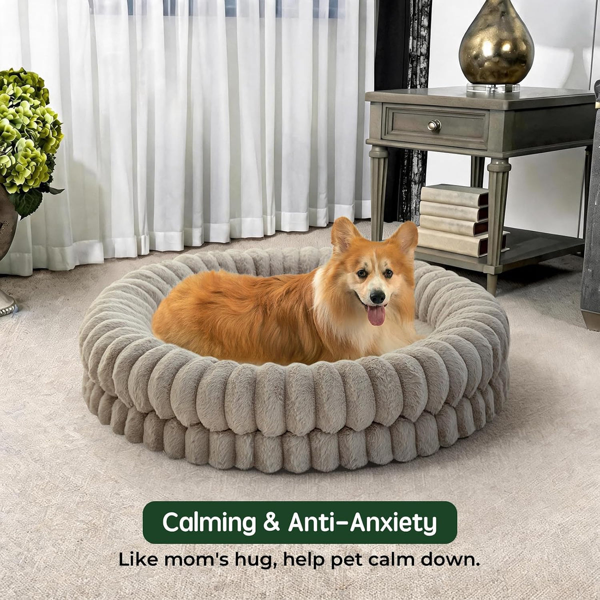 BALANCE Luxury Donut Dog Bed, 30 Inches Round Dog Bed Medium Size Dogs Washable, Orthopedic Calming Dogs Bed for Pets with Anti-Slip Bottom, Oatmeal