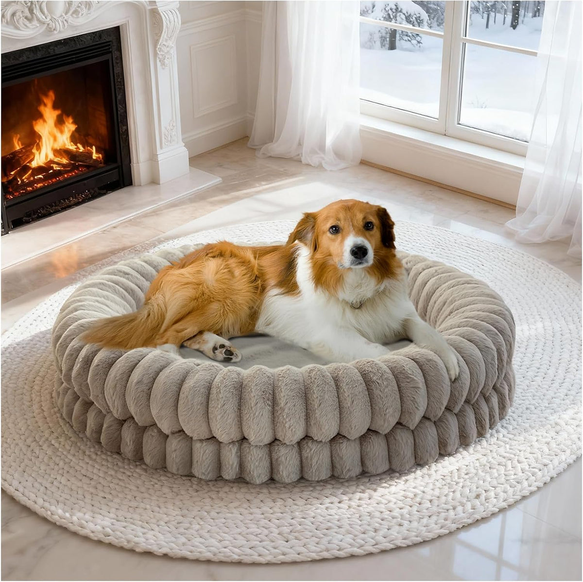 BALANCE Luxury Donut Dog Bed, 30 Inches Round Dog Bed Medium Size Dogs Washable, Orthopedic Calming Dogs Bed for Pets with Anti-Slip Bottom, Oatmeal