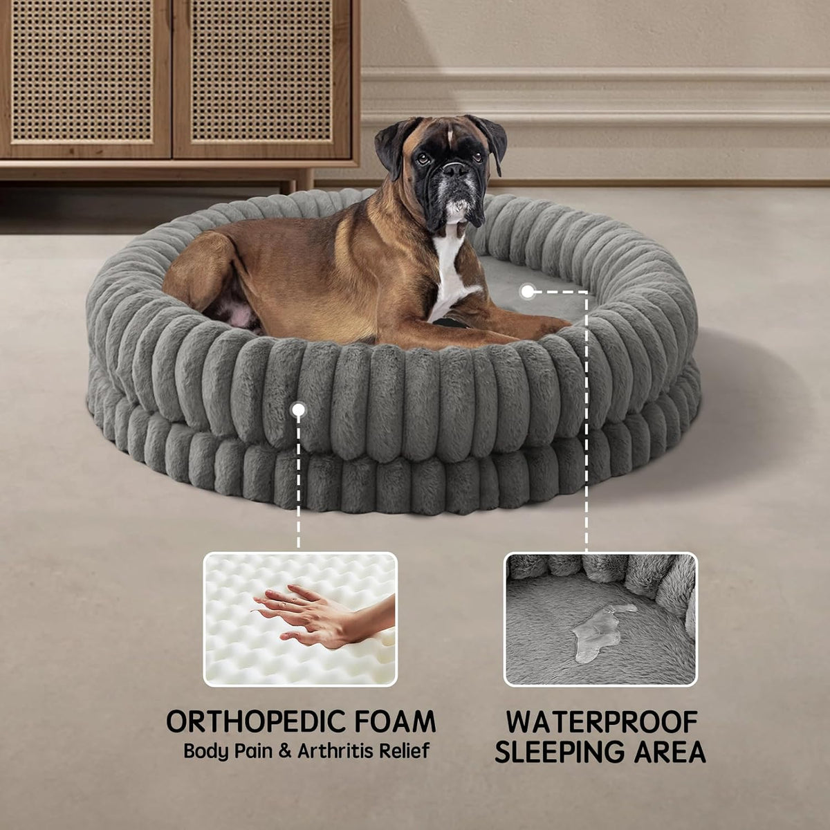 BALANCE Luxury Donut Dog Bed, 30 Inches Round Dog Bed Medium Size Dogs Washable, Orthopedic Calming Dogs Bed for Pets with Anti-Slip Bottom, Oatmeal