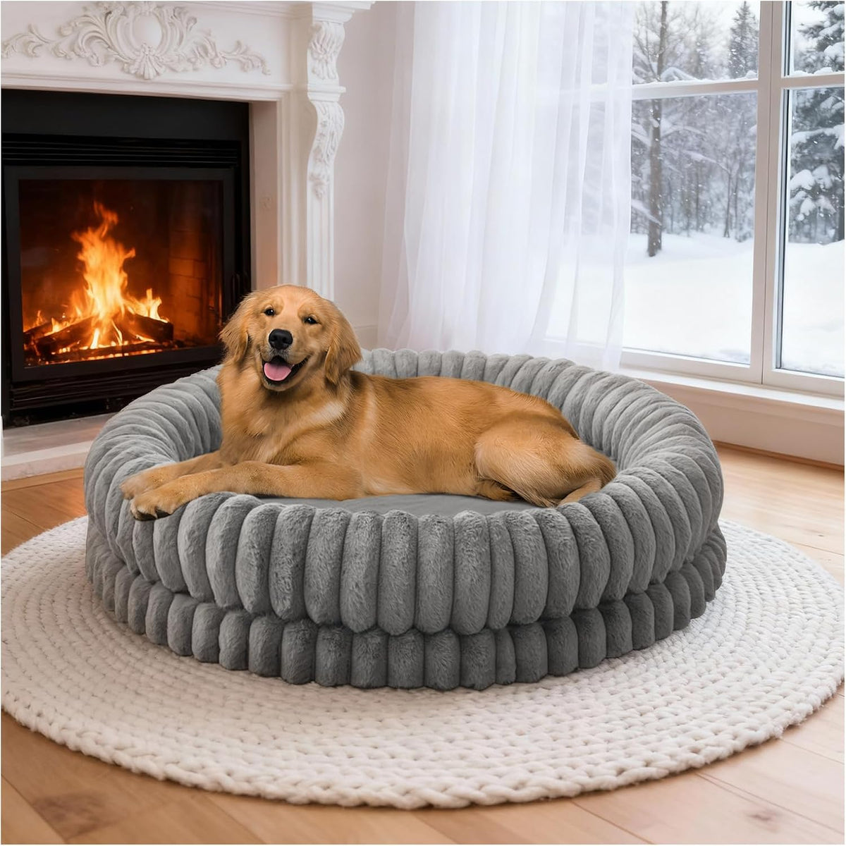 BALANCE Luxury Donut Dog Bed, 30 Inches Round Dog Bed Medium Size Dogs Washable, Orthopedic Calming Dogs Bed for Pets with Anti-Slip Bottom, Oatmeal