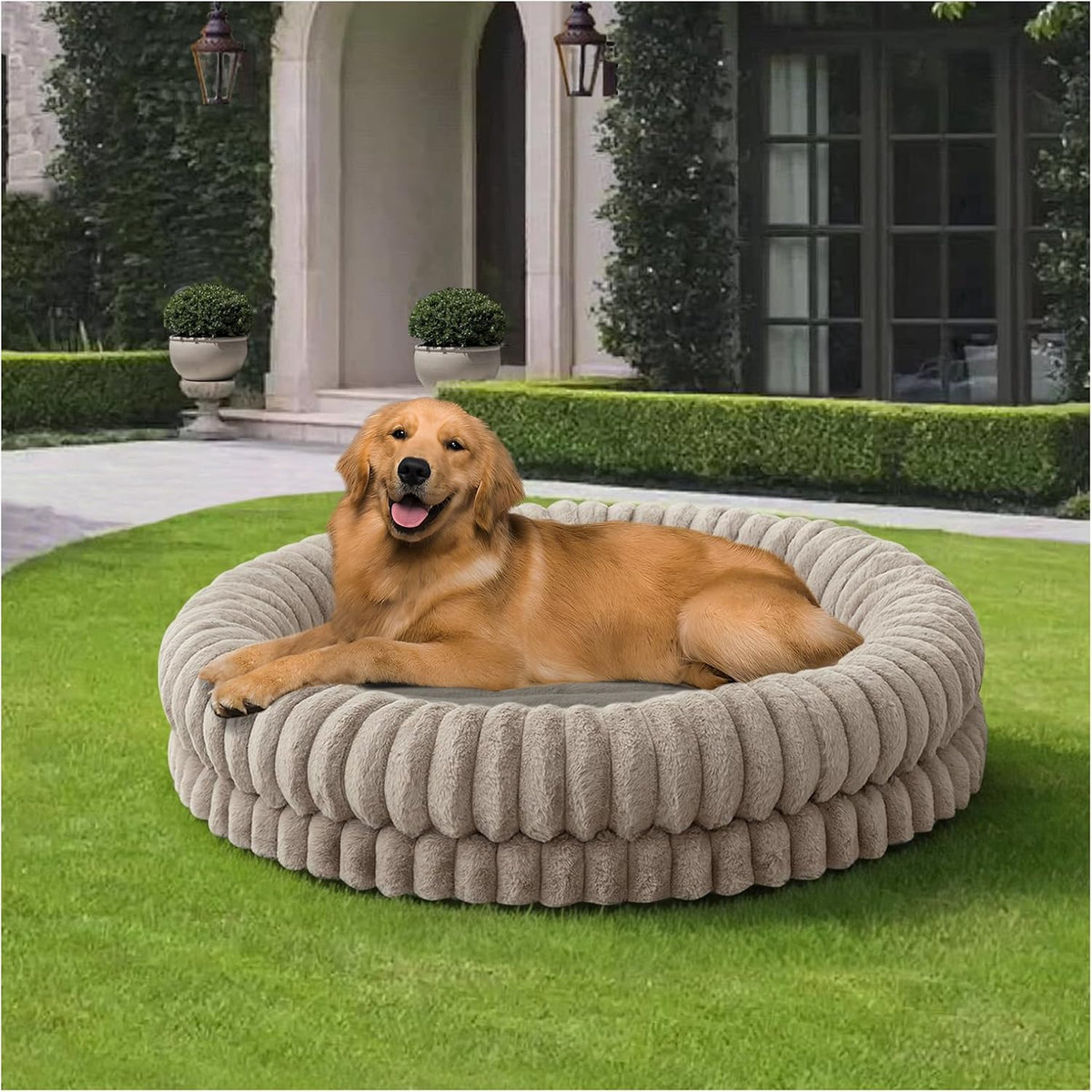 BALANCE Luxury Donut Dog Bed, 30 Inches Round Dog Bed Medium Size Dogs Washable, Orthopedic Calming Dogs Bed for Pets with Anti-Slip Bottom, Oatmeal