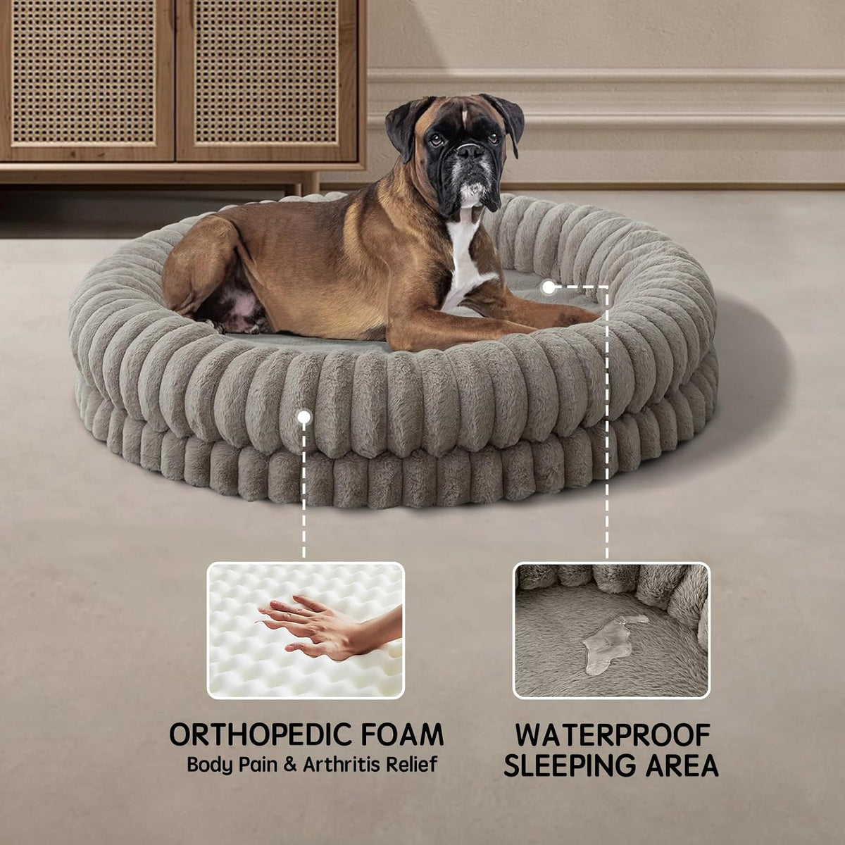 BALANCE Luxury Donut Dog Bed, 30 Inches Round Dog Bed Medium Size Dogs Washable, Orthopedic Calming Dogs Bed for Pets with Anti-Slip Bottom, Oatmeal