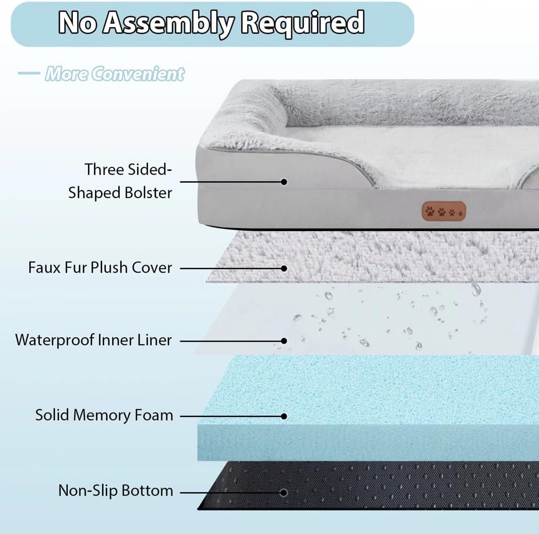 100% Orthopedic Memory Foam Large Dog Bed, Waterproof Washable L Pet Bed 36"