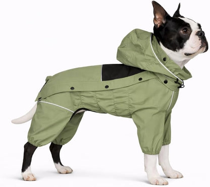 Waterproof Dog Raincoat with Removable Hood – Outdoor Full Body Dog Jacket, Windproof Snowproof Shell Suit – All Season Pet Rain Gear Sage Green L