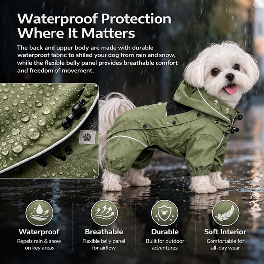 Waterproof Dog Raincoat with Removable Hood – Outdoor Full Body Dog Jacket, Windproof Snowproof Shell Suit – All Season Pet Rain Gear Sage Green L