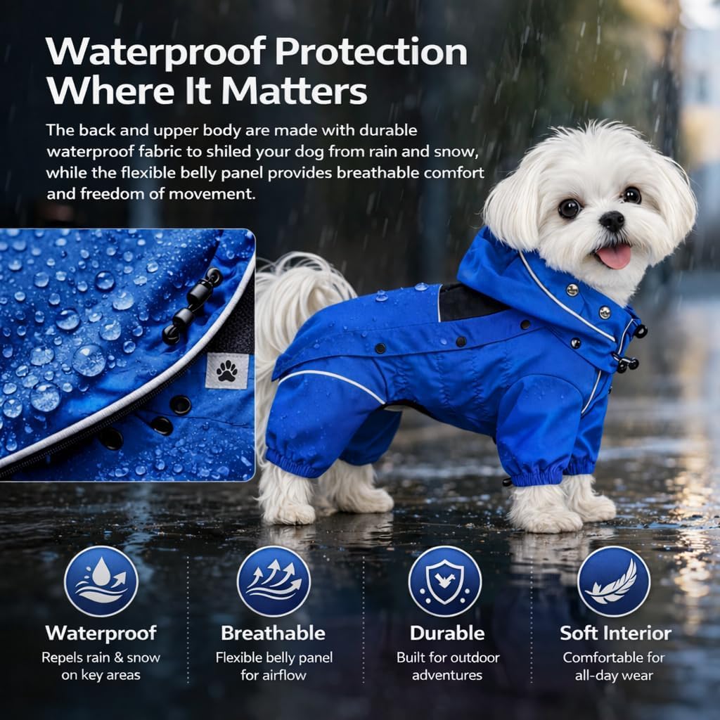 Waterproof Dog Raincoat with Removable Hood – Outdoor Full Body Dog Jacket, Windproof Snowproof Shell Suit – All Season Pet Rain Gear Sage Green L