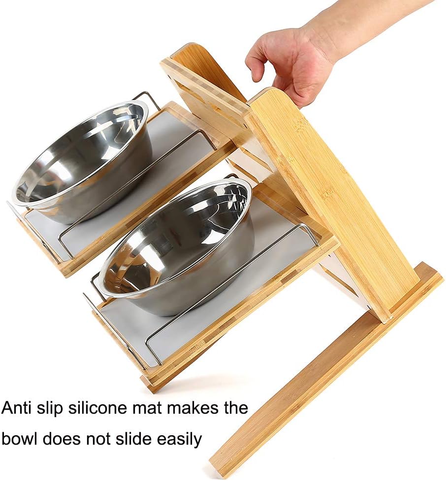 FOREYY Adjustable Raised Dog Bowls,Bamboo Elevated Feeder Stand with Non-Skid Feet for Food and Water,5 Level Wooden Pet Dining Table Comfort Feeding Station for Medium Large Big Dogs
