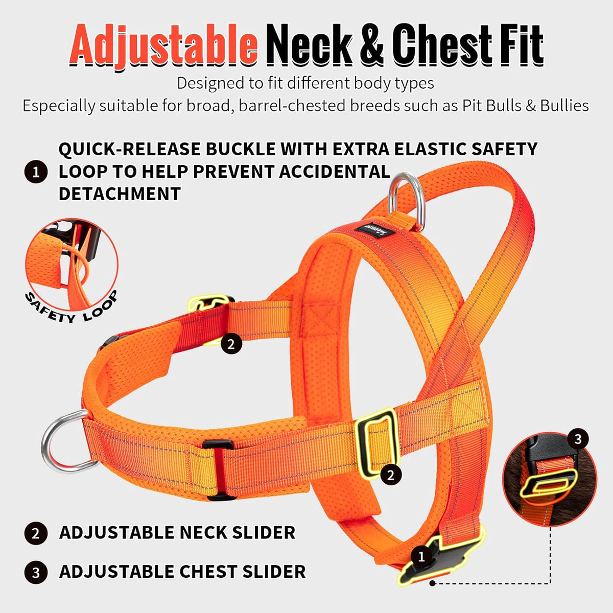 No Pull Dog Harness with Soft Mesh Padded, Fully Adjustable Walking Harness with Handle for Medium Large Dogs, Reflective Front Clip Harness for Training and Hiking, Orange, M