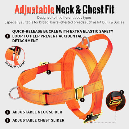 No Pull Dog Harness with Soft Mesh Padded, Fully Adjustable Walking Harness with Handle for Medium Large Dogs, Reflective Front Clip Harness for Training and Hiking, Orange, M