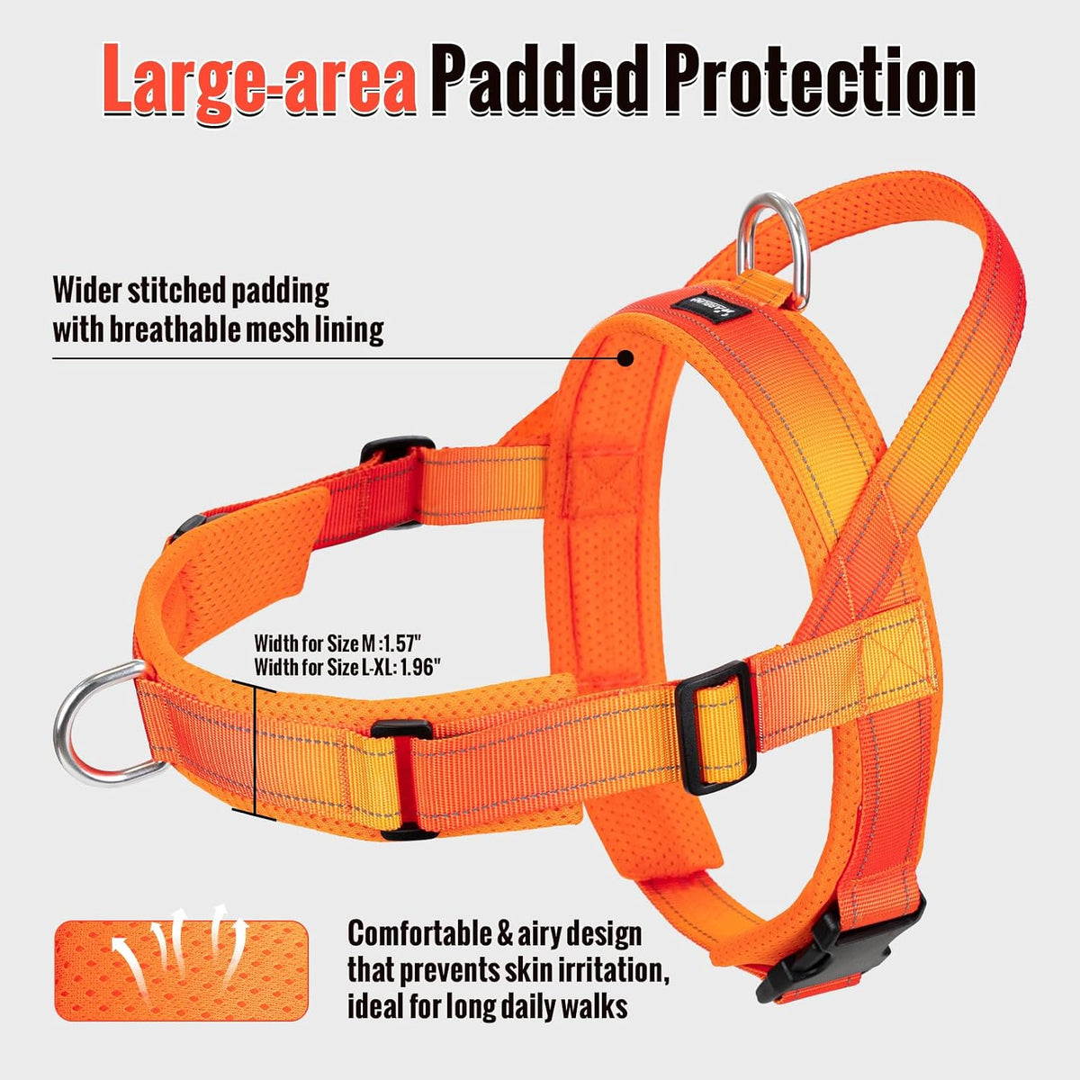 No Pull Dog Harness with Soft Mesh Padded, Fully Adjustable Walking Harness with Handle for Medium Large Dogs, Reflective Front Clip Harness for Training and Hiking, Orange, M
