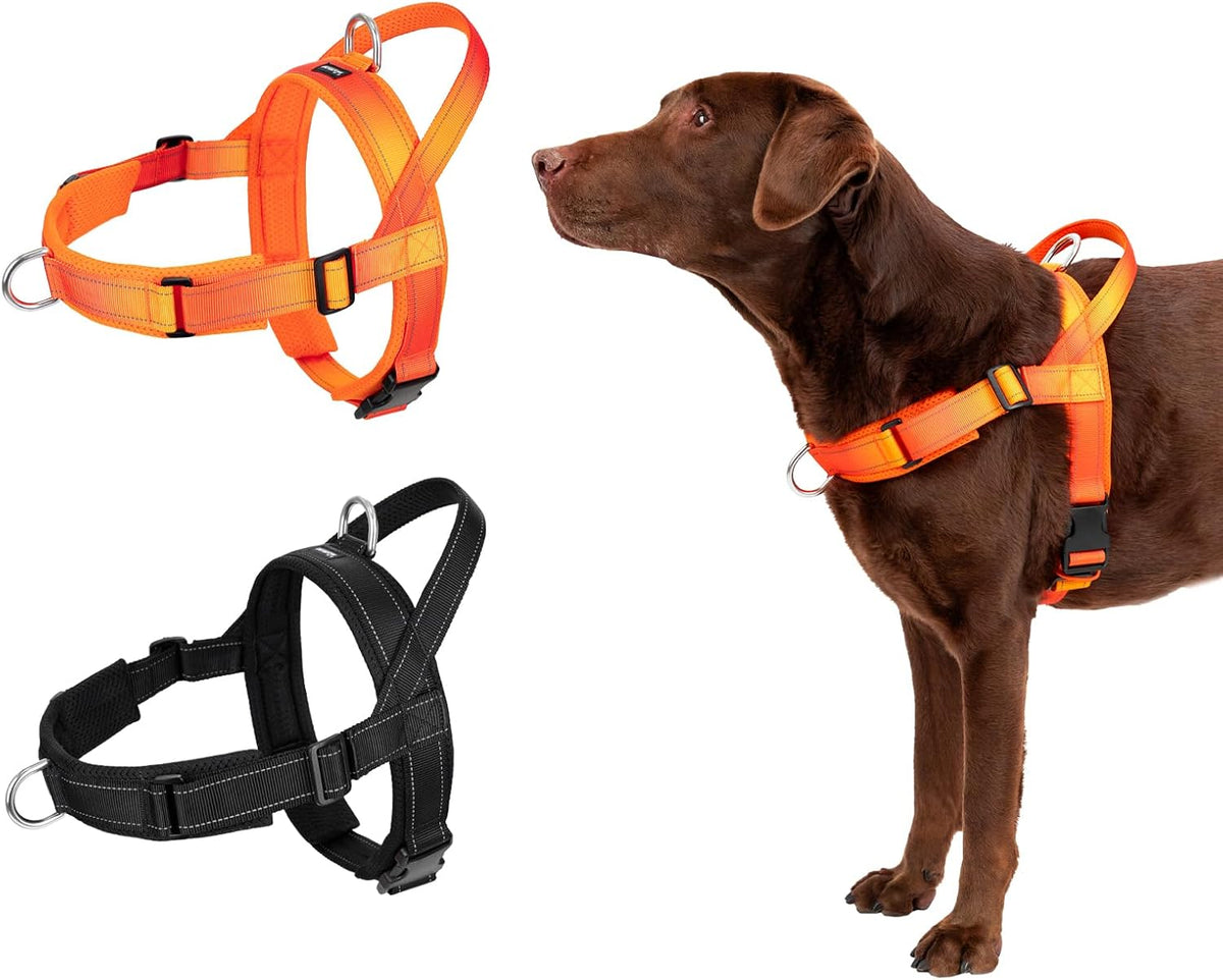 No Pull Dog Harness with Soft Mesh Padded, Fully Adjustable Walking Harness with Handle for Medium Large Dogs, Reflective Front Clip Harness for Training and Hiking, Orange, M