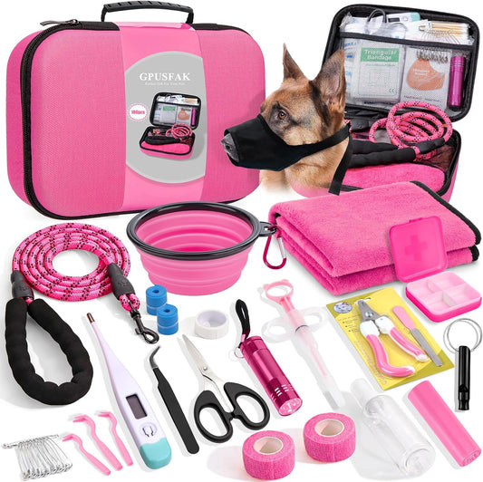 Pet First Aid Kit for Dogs - Pet Emergency Kit for Camping Hiking Traveling Hunting and Sports (Pink)